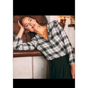 Marine Layer Jamie Plaid Ruffle Sleeve Top Black White Size Medium